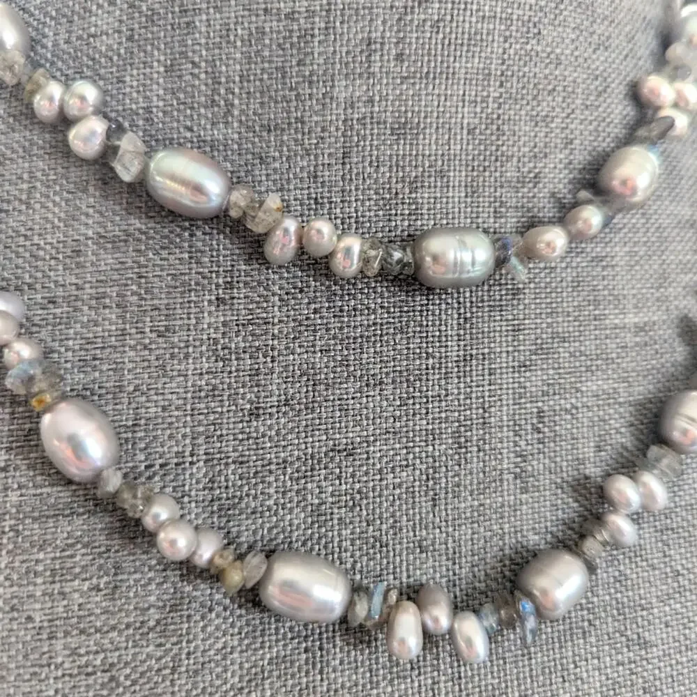 Stunning Silver Freshwater Pearl Quartz Chip Long Sterling Silver Clasp Necklace